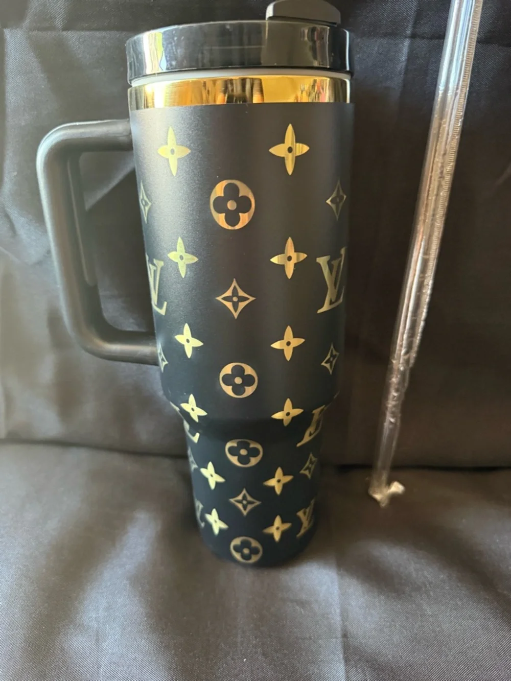 New Stanley 40oz Black and Gold Laser LEngravedV with Straw (No Original Box) - Picture 6 of 7